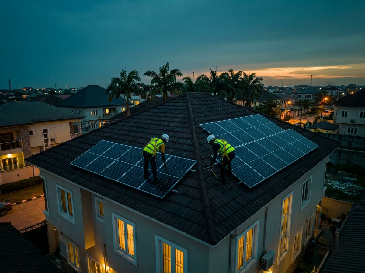 Installers in hi-vis vests fitting solar panels on a Lagos rooftop