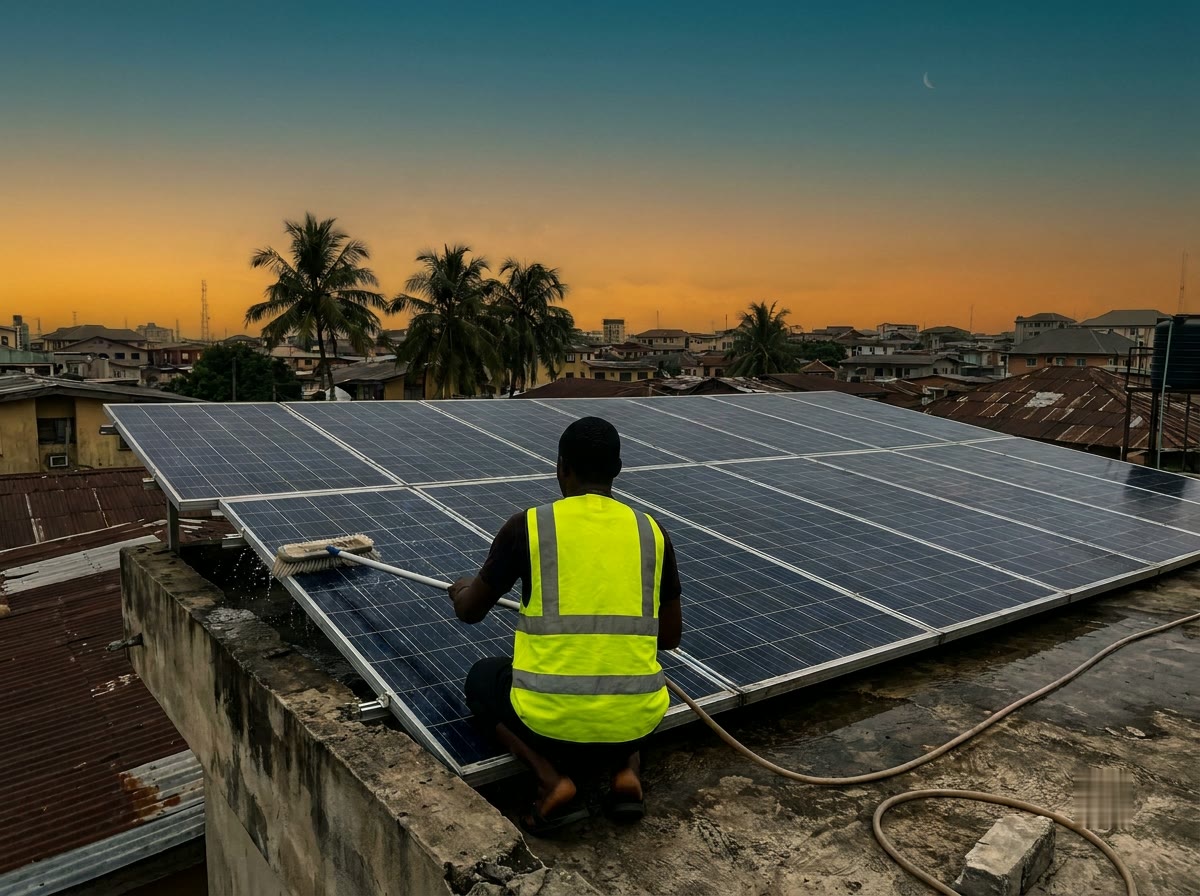 A technician cleaning rooftop solar panels at sunrise