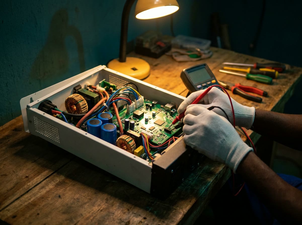 A technician testing the circuit board of an opened inverter with a multimeter