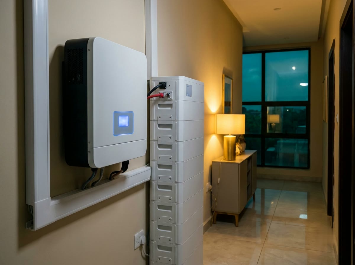 A wall-mounted inverter and lithium battery stack in a tidy home